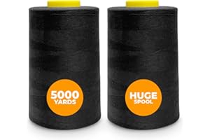 Weemex 2 Bobinas grandes de Hilo de Coser Negro de Poliéster | 11 opciones | para Máquina Remalladora, overlock, Singer, Janome, etc | hilo de 5000 Yardas cada uno 40S/2 para todo Propósito (2 Black)