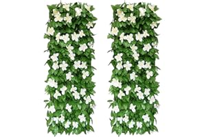 OMUIETIO 2PCS Expanding Garden Trellis Panels, 200x40cm Expandable Garden Fence Screening with Artificial Ivy and Violet Flower,Decorative Faux Ivy Leaf Privacy Screen Greenery Backdrop for Backyard (White)