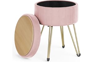 ‎SONGMICS SONGMICS Runder Sitzhocker, Hocker mit Stauraum, Samt Schminktisch Hocker, 39 cm d, 44,4 cm H, 4 Metallbeine, für Ankleidezimmer, Wohnzimmer, Schlafzimmer, pastellrosa LOM003R01