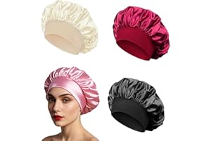 CHONGNING 4 Pack Satin Silk Sleep Bonnet for Women & Girls - Wide Elastic Band Hair Wrap for Night, Soft & Comfortable Sleeping Cap for Curly Hair, Makeup & Hair Care Head Cover