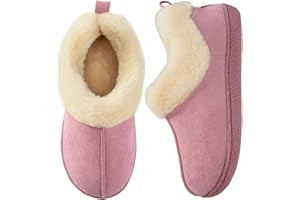 HomeTop Women's Closed back Slippers Faux Wool Warm Non Slip Outdoor Indoor House Shoes with Fuzzy Collar