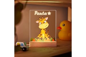 Transparent Gift Lámpara Infantil Personalizada Jirafa de Metacrilato y base de Madera. Luz Nocturna Quitamiedos de Mesita para bebés con Jirafa y Nombre. Regalos originales niños
