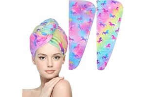 WUBAYI 2Stück Haarturban, Mikrofaser-Haarturban zum schnellen Trocknen, super saugfähige Kopfhandtuch mit Schnalle. Entworfen für nasse Haarhandtüch, Damen und Mädchen Haartüch (Einhorn)