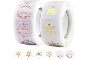 COLOFALLA 1000pcs 2 Rollos Pegatinas Regalo Navidad Redondas Stickers Navideños Estampado en Caliente Merry Christmas Copos de Nieve Papel Etiquetas Adhesivas
