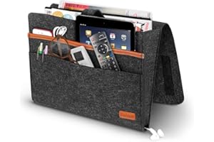 SIMBOOM Organisateur de Chevet, Poche de Rangement pour Lit Sac à Accrocher en Tissu pour télécommande, Tablette, Câble de Recharg, Magazine, Lunettes, Stylo - Gris foncé