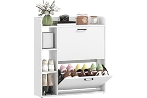 HOMCOM Scarpiera Salvaspazio Slim con 2 Ante a Ribalta, Scarpiera Ingresso con 3 Vani Aperti, Ripiani Regolabili, Piano Superiore, Porta Scarpe per 15 Paia in Legno con Maniglia, 83x24x90.5 cm, Bianco