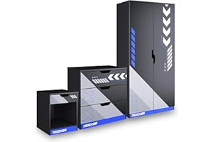 X-Rocker Octane 3 Piece Bedroom Furniture Set, Kids Bedroom Furniture Set, Racing Pattern, Soft Close Wardrobe, + 3 Storage Drawer Chest of Drawers, 1 Drawer Bedside Cabinet, BLACK & BLUE Set