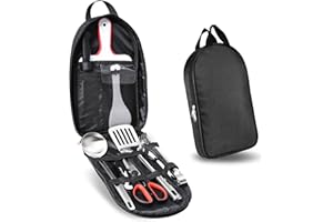 Yeqqzq 9 Pcs Camping Utensils Set, Camp Cooking Kit, Outdoor Kitchen Utensil Organizer with Scissors, Food Tongs, Rice Spoons, Cutting Boards, Soup Spoons, Multi-functional Bottle Opener