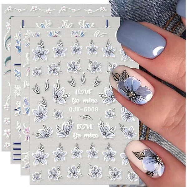 8 Blätter 3D Nagelsticker Mit Blumen-Muster – Selbstklebend Für DIY Nail Art