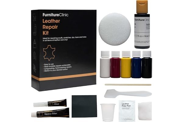 Furniture Clinic Kit de Réparation Complet pour Cuir Noir Inclut Surface Abîmée Vinyle et Simili sur Sofa, Fauteuil, Siège Auto pour Les Petits : Trous, Accrocs, Déchirures, Brûlures et Rayures