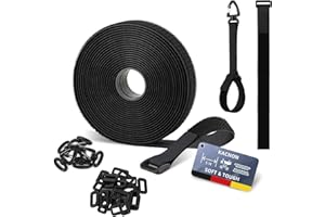 KACNON 5m x 2cm Klettband, Wiederverwendbar Klett Kabelbinder mit 25 Metallschnalle und 5 Dreiecksschnalle, Frei Zuschneidbar/Wiederverschließba, für Kabelmanagement,Gartenarbeit,Werkstätten,Schwarz