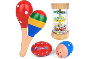ZENDSTANDING Wooden Baby Toys - 5PCS Mini Wooden Maracas Egg Shaker and Rain Stick Rattles Musical Toys for Babies Over 6 Months, Shaker Sand Hammer Musical Instruments Toys for 1+ Year Old Toddlers