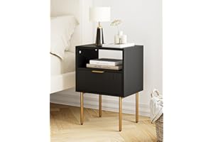 HEYZOEY Nachttisch, Nachtschrank mit 1 offenen Ablagen und 1 Schublade, Modern Nachtkästchen, Boho Nachtkommode für Schlafzimmer, Wohnzimmer, Schwarz und Gold