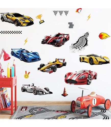 Rennwagen-Wandaufkleber-Set – 7 Motive, Vinyl, Wiederverwendbar, Für Kinderzimmer