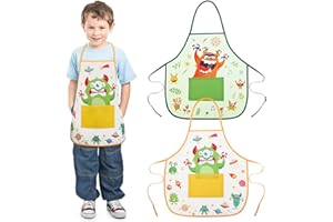 DATIFF 2 Stück Kinderschürze Monster Kochschürze Monsters Jungen Grün Küchenschürze mit 2 Taschen Weihnachten Monster Schürze Kinder 3-10 Jahre Gelb Malschürze Junge für Kochen Backen Malen