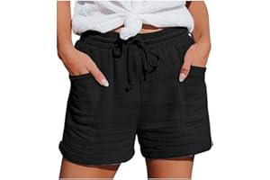 MEILYVIBA Damen Shorts Sommer Mode Lässige Musselin Hose mit hoher Taille Gerades Bein Sport Lässige Lockere Shorts mit Kordelzug Kurze Hose mit Taschen Gummiband Freizeit Shorts Elastische Stoffhose