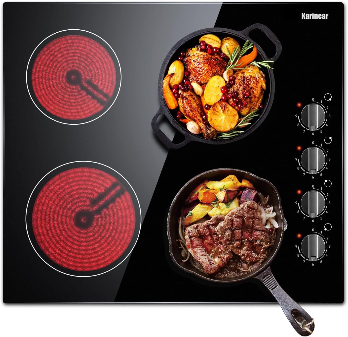 Karinear Ceramic Hob, 60cm Built-in 4 Zones Ceramic Hob with Konb Control 6000W, Hard Wired, No Plug Included