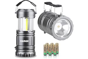 GEMEK 2 x LED Camping Lantern Battery Powered Flashlights Portable 2-in-1 Collapsible COB Lantern Lights for Camping, Car, Shop, Attic, Garage, 6 AA Batteries Included (Gray)
