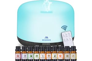 MISERWE Diffusore di oli essenziali da 500 ml Diffusore Ambiente con modalità nebbia regolabile e 4 impostazioni timer Diffusore di aromi per spegnimento automatico senza acqua con 7 luci a LED