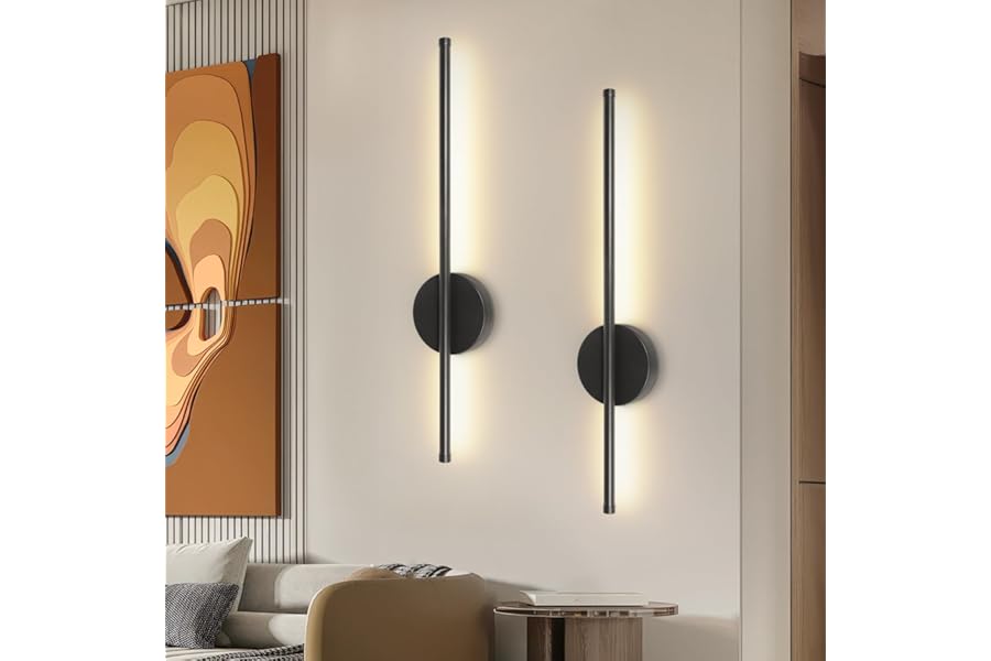 Dehobo Rechargeable Wall Sconce Lights, Battery Operated Wall Lights 3 Color Temperature, Wall Lamp Dimmable Wireless with Remote Control Black 60CM for Living Room Bedroom Hallway, 2 Pack
