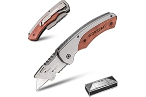 WORKPRO Faltbares Universalmesser Klappmesser mit Holzgriff, Teppichmesser Cuttermesser mit Gürtelclip und Liner-Lock-Design, inkl. 10 Ersatzklingen