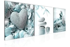Runa Art Cuadro Decorativo Feng Shui Piedras 3 Piezas Lienzo no Tejido Decoración para Sala 90 x 30 cm Playa Turquesa Gris 501634b