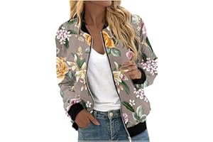 TRIGLICOLEUM Chaqueta bomber para mujer, chaqueta de primavera con estampado floral, chaqueta ligera de verano, cremallera corta, chaqueta de piloto, chaqueta fina de manga larga, chaqueta de entretiempo, chaqueta