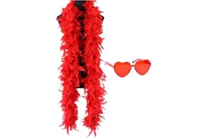 QUALIS Colourful Thick Feather Boa With Coloured Heart Sunglasses | ABBA Fancy Dress Costume Feather Boas Multipack | 6.6ft Feather Boa And Heart Glasses | Red