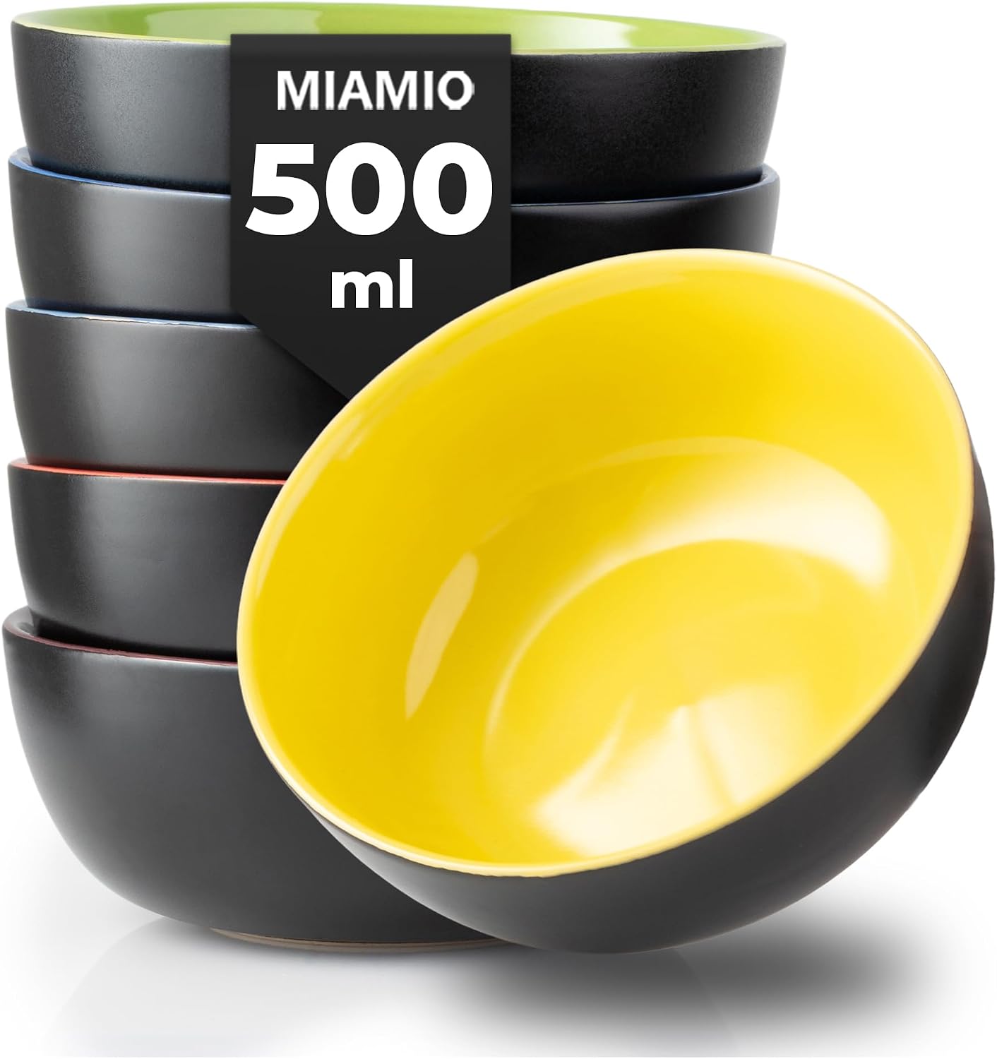 MIAMIO - 6 x 500ml Juego De Cuencos/Tazones Exterior Negro Interior De Color - Le Papillon Colección (Multicolor)