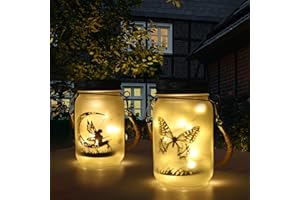 BOMKRA 2 Pack Solar Fairy Lantern Outdoor, Garden Ornaments IP55 Waterproof Hanging Frosted Glass Solar Mason Jar Lights for Table, Yard, Garden, Patio, Lawns