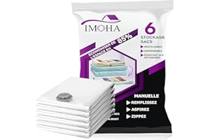 IMOHA Lot de 6 Housses de rangement Sous Vide Vetement Aspirateur XXL- Sac de Rangement Sous Vide- Extra-Resistant- Rangement pour Manteaux-Couettes-Oreillers-Marque Française 6 XXL (70X100))
