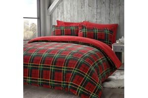 HOMES-LINEN Teddy Bear Fleece Tartan Check Duvet Cover Soft Cosy Warm Checked Teddy Bear Bedding Set (Red, Double)