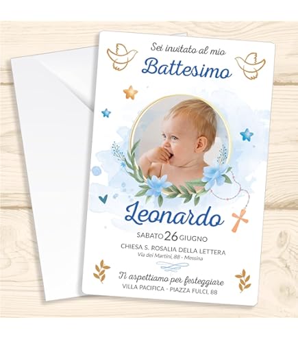 Inviti Battesimo Bambino - 32 Biglietti Partecipazione Eleganti Con Spazio Foto, Kit Completo Made In Italy