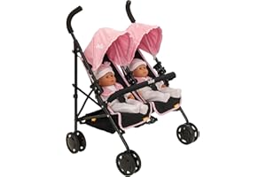 HTI Joie Aire Twin Pushchair | Childrens Double Stroller Pram In Black & Pink | Childrens Baby Doll Stroller Toy Umbrella Fold Stroller | Role Play Toy Dolls Buggy Pushchair | Ages 3+