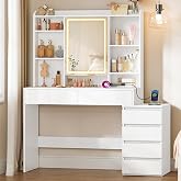VASAGLE Makeup Vanity with Light, 125 x 40 x 145 cm | Dressing Table with Mirror, Open Compartments, Adjustable Shelves, Clou