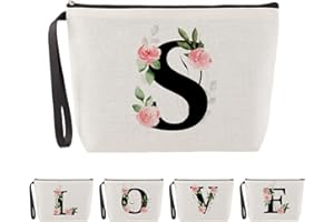 Blisswave A-Z Personalized Makeup Bag, Personalised Gifts for Women, Mom and Friend, Christmas, Birthday Presents, Elegant and Cute Pink Floral Initial Cosmetic Bag (Beige)