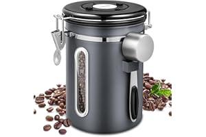 NCKIHRKK Puszka na kawę ze stali nierdzewnej, hermetyczna, z łyżeczką ze stali nierdzewnej,1,8 l, pojemnik na kawę, próżniowa puszka na kawę, z możliwością śledzenia daty, na ziarna kawy, kolor czarny