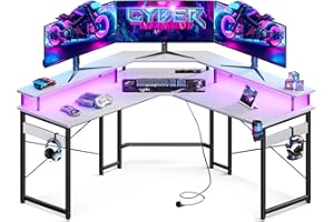 ‎ODK ODK Gaming Tisch mit 2 Steckdosen und 2 USB Ladeanschluss, Gaming Schreibtisch mit LED, Eckschreibtisch Weiß mit großzügiger Monitorablage, Computertisch für Gaming und Home Office, 129x129 cm