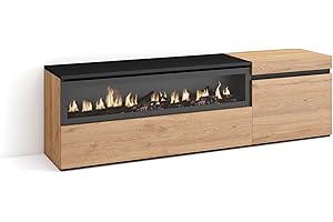 Skraut Home | Mueble TV | Televisión | Muebles de salón, almacenaje | 150x45x35cm | para TV hasta 65" | Chimenea eléctrica | Estilo Moderno | Roble y Negro
