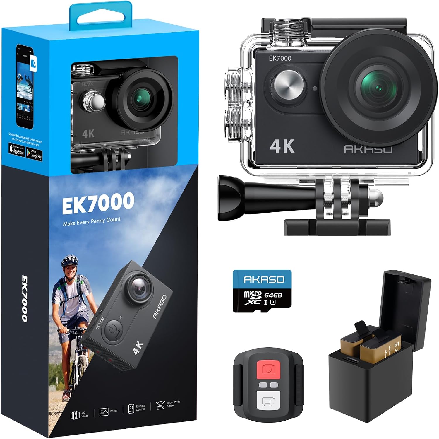 AKASO EK7000 Cámara Deportiva 4K con Tarjeta de Memoria microSDXC de 64GB Cámara de acción 4K 20MP WiFi Gran Ángulo 170° con EIS Control Remoto 2.4G Camara Acuatica Sumergible 30M 2 Baterías