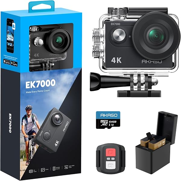AKASO EK7000 Cámara Deportiva 4K con Tarjeta de Memoria microSDXC de 64GB Cámara de acción 4K 20MP WiFi Gran Ángulo 170° con EIS Control Remoto 2.4G Camara Acuatica Sumergible 30M 2 Baterías - 1