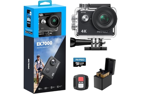 AKASO EK7000 Caméra Sport 4K 30fps 20MP WiFi avec Carte Mémoire microSDXC 64 Go, Action Camera 4k Étanche jusqu'à 30M avec Stabilisation Grand Angle de 170° Télécommande 2.4G
