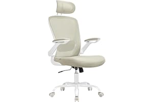 ‎SONGMICS SONGMICS ergonomiczne krzesło biurowe, krzesło biurowe, krzesło obrotowe z siatką, wyściełane podparcie lędźwiowe, siedzisko 53 cm, składane podłokietniki, zagłówek, beż cappuccino OBN047K01