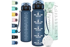 Motswedi Gourde 1l, Anti-Fuite, Gourde Sport, avec Marqueur de Temps, Bouteille d'eau, Réutilisable, Bouteille, Sans BPA, pour Sport, Yoga, Fitness, Randonnée, Bleu Foncé