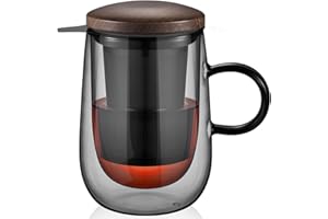 glastal 430 ml (Capacidad Completa) Doble pared, de Cristal Negro, Taza de té con Colador de Metal, Taza de té de Vidrio de Borosilicato con asa, para té Negro, té Verde, té de Fruta, Té