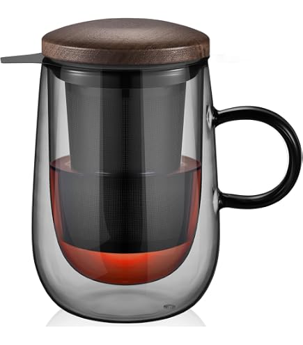 JanYoo Tasse à Thé En Verre Borosilicate 500ml Avec Couvercle, Passoire Et Poignée Bois - Idéal Pour Thé En Vrac, Café Et Cadeau