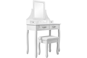Meerveil Dressing Table Set, Vanity Table with 4 Drawers and Stool, 360° Rotatable Mirror for Bedroom 80 x 40 x 139, White