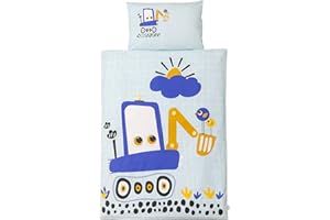 pekenito® Premium Collection: Baby Bettwäsche - Kinderbettwäsche 100 x 135 cm + Kissenbezug 40 x 60 cm – aus 100% Baumwolle im süßen Bagger Design