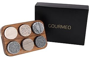 ‎GOURMEO GOURMEO 6 Whiskey Steine, 3 aus Marmor, 3 aus Granit mit Präsentationsschale aus Holz - Wiederverwendbare Whisky Steine im Set als Alternative zur klassischen Eiswürfel