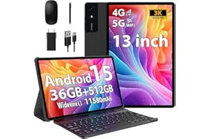 RUSHAR Tablet 13 Pollici Android 15 con 36GB RAM+512GB ROM(TF 2TB), 4G LTE/SIM & 5G WiFi, INCEL 3K HD, 11580mAh /Octa Core/Gemini AI/13MP+8MP/90Hz/18W/GPS/Widevine L1/BT5.0, Tablet con Tastiera, Nero